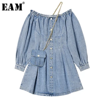 

[EAM] Women Blue Denim Ruffles With Bag Dress New Slash Neck Long Sleeve Loose Fit Fashion Tide Spring Autumn 2020 1T412