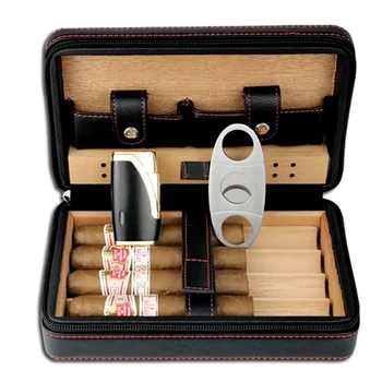 

Cigar Humidor Case Portable Cedar Wood Leather Travel Humidor Humidifier Set Gift Box (Without Lighter Cutter)