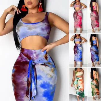 

Women 2 PCS Bodycon Sexy Lady Two Piece Crop Top and Bandage Skirt Set Lace Up Party Dress Bikini Cover Up Beachwear 2019 Hot