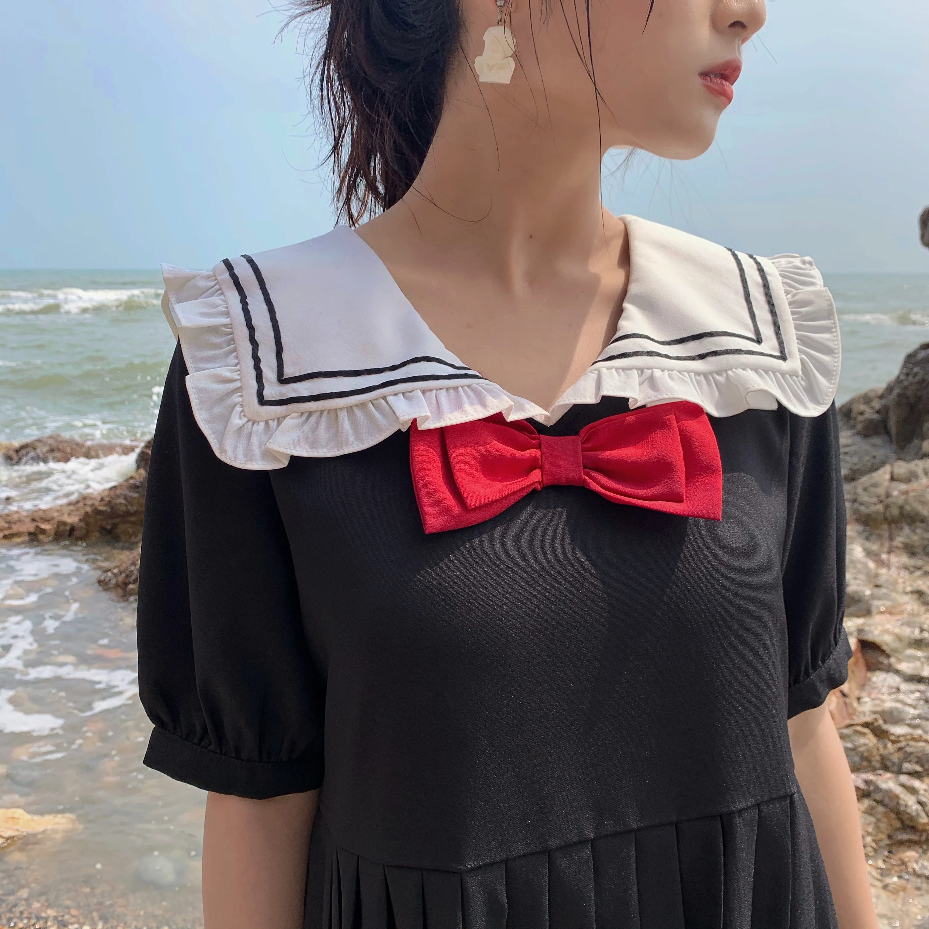 Japanese Preppy Style Sweet Soft Girl Dress Sailor Collar Bow Vintage Puff Sleeve Dress Kawaii Pleated Cute Girly Dresses