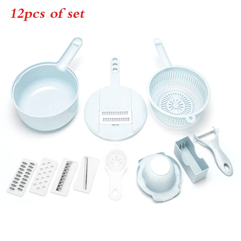 

12pcs of Set Multi-function Grater Cutting Board Storage Box Kitchen Cooking Essential Gadget Set Blue Pink Kitchen Cooking Tool