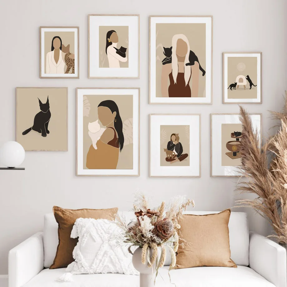 Long-haired-Fashion-Woman-And-Ocelot-Black-Cat-White-Cat-Canvas-Painting-Wall-Art-Poster-And (10)