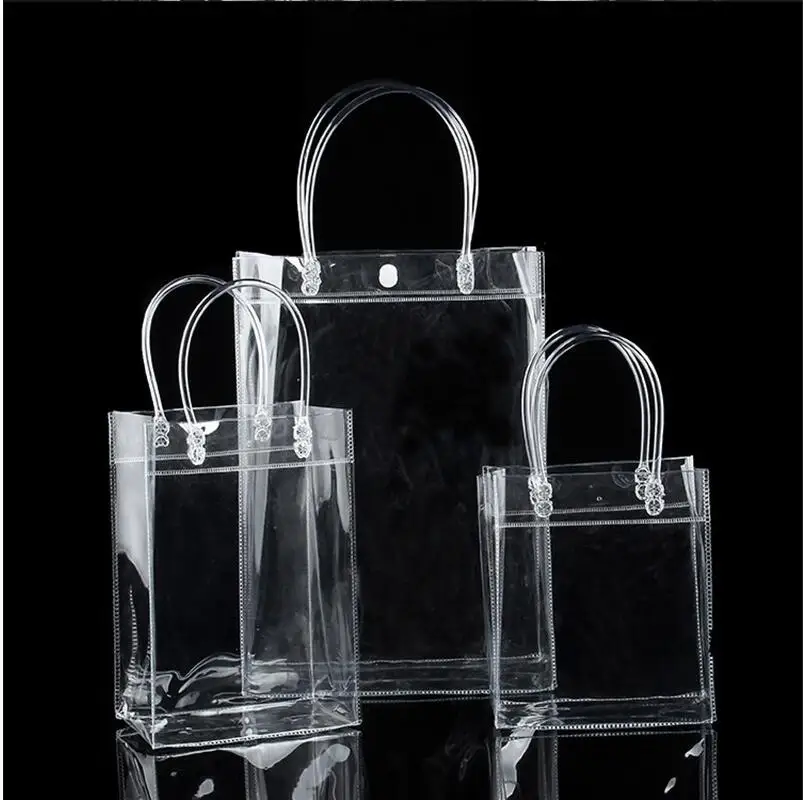 100pcs/lot 10 Size Transparent soft PVC gift tote packaging bags with hand loop, clear Plastic handbag, cosmetic bag
