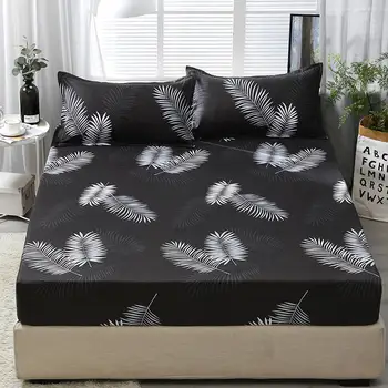 

3pcs Fitted Sheet with Pillowcase Set Black Leaf Printed Single Queen Size Mattress Protector Cover Bottom Sheet for King Bed