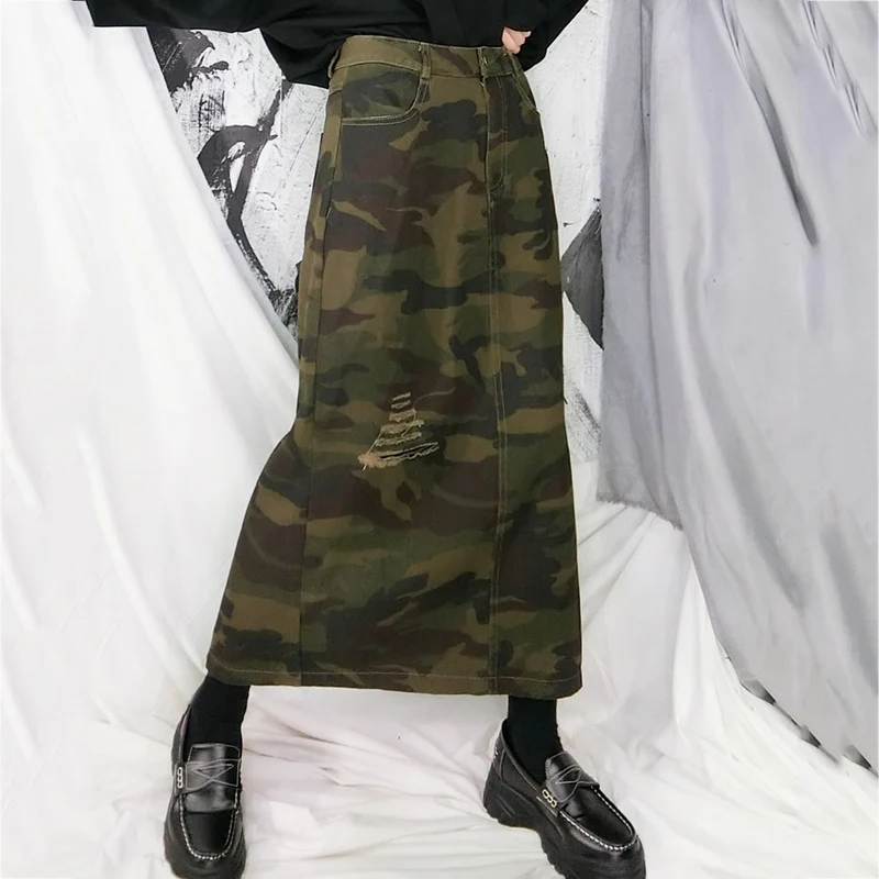 HG винтажные потертые юбки женские ковбойские камуфляжные уличные трендовые разрезные юбки Харадзюку дикая женская одежда Новинка XJ2488