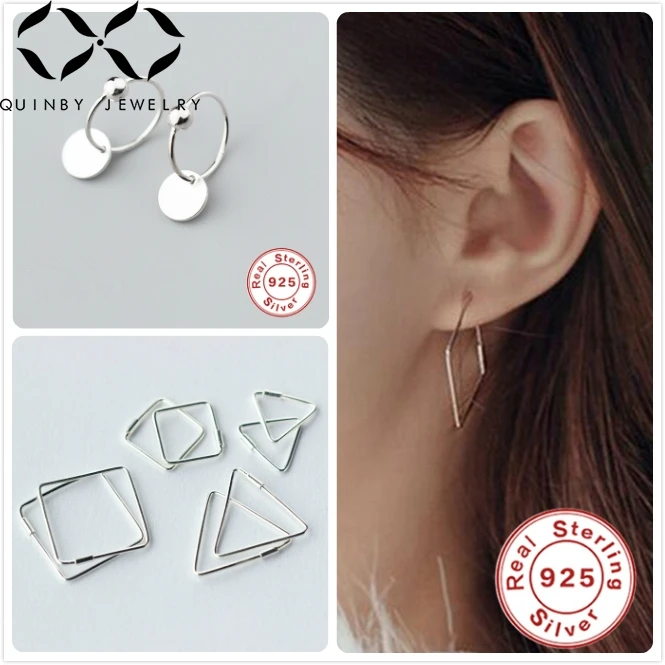 

Quinby 925 Sterling Silver Earrings For Women Street Style Big Triangle Hoop Earrings Girl Round Square Shape Ear Hoops Q5