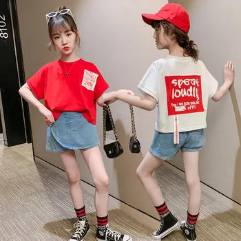 

Baby Girls Clothing Set Summer Toddler Kids White Short Sleeve Letter Tops T Shirt + Denim Short Pants Children Outfit Clothes