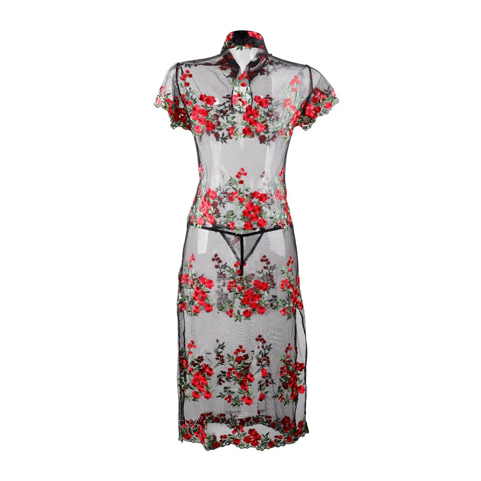 Мини китайское платье с разрезом Cheongsam Qi Pao нижнее белье женское вышитое платье-чанпао прозрачная сетчатая комбинация сексуальные горячие эротические вечерние платья