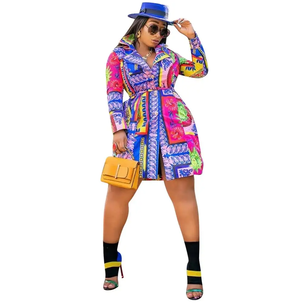 

Zuctuo 2020 New Women Autumn and Winter Sexy Dress Printed Patchwork Dress With Belt Lapel Long Sleeve Middle Waist