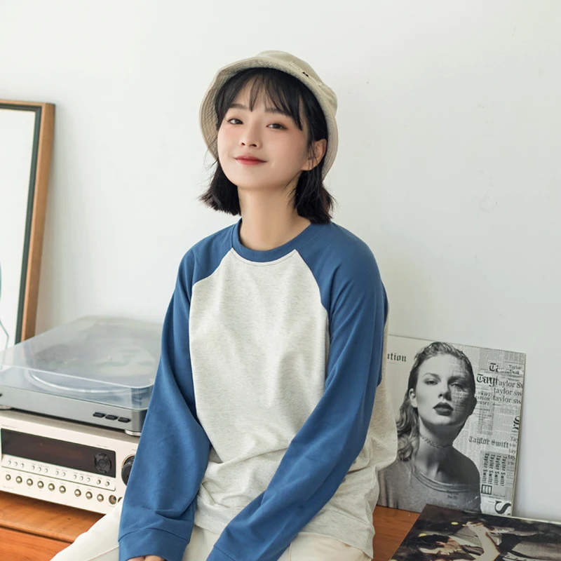 Autumn New Woman Tshirts Full Japanese Style Color Matching Cotton Soft Comfortable Loose Base Harajuku Tops Graphic Plus Size