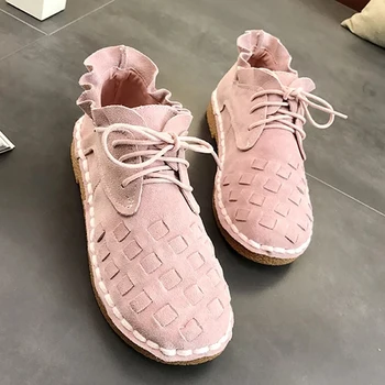 

GAOKE new 2020 Head layer cowhide pure handmade weave shoes lady the retro art mori girl shoes lady Casual shoes 2color