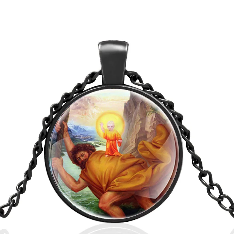 St. Кристофера пересекает река с Иисусом стекло купол черный кулон ожерелье для