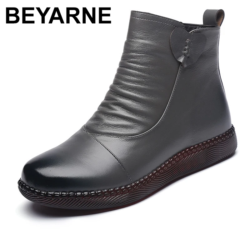BEYARNE-zapatos de cuero para mujer, botas planas antideslizantes de suela gruesa, cálidas, para otoño e invierno, 2020