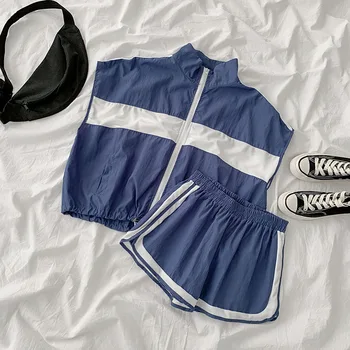 

Cyanlee Summer Striped Two-piece Suit 2020 Women Boyfriend Sports Style Sleeveless Top + Elastic High Waist Shorts Matching Set