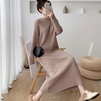 

Autumn Women Bodycon Sheath sweater dress Knitted Cotton Long Sleeve Casual Midi Dress
