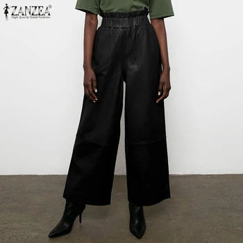 

2020 ZANZEA Fashion PU Leather Pants Spring Elegant Solid Long Pantalon Women Casual Elastic Waist Wide Leg Trousers Streetwear