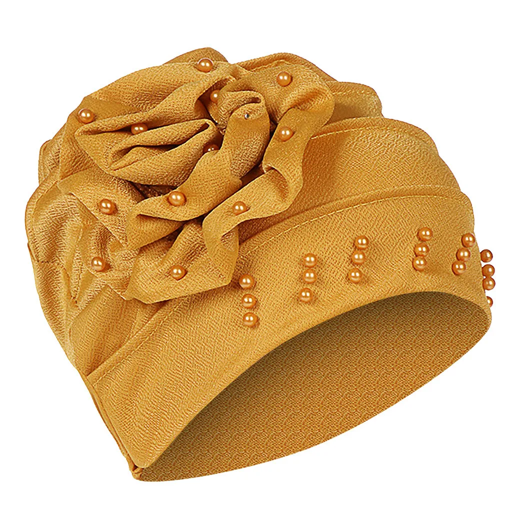Новая женская шапка мусульманский Эластичный Тюрбан шляпа цветок бисером сплошной цвет головной платок, шарф# pingyou