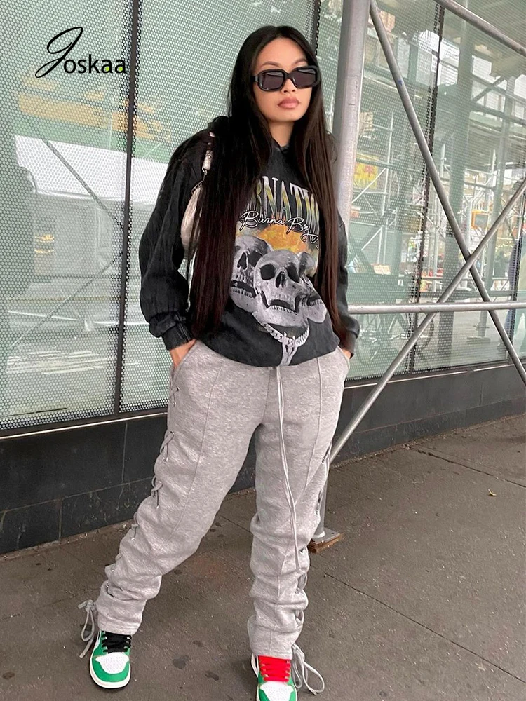 

Joskaa Women 2020 Casual Streetwear Bandage Solid Lounge Pleated Stacked Pants Frenal Elastic Pockets Movement Hip Hop Trousers