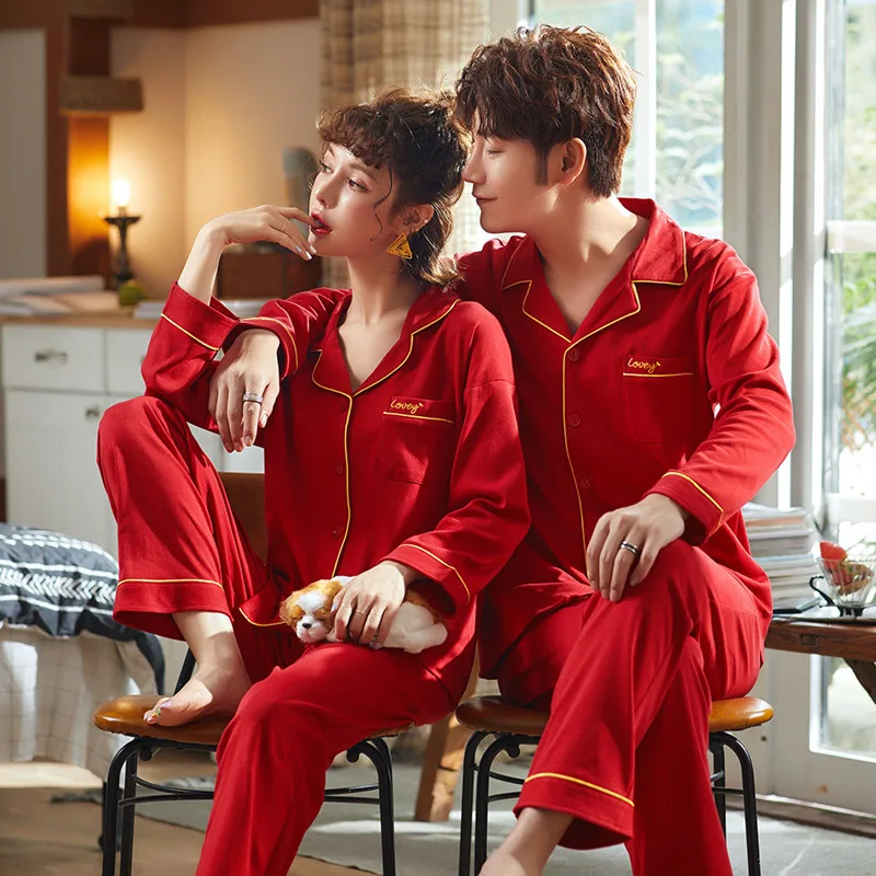 

2554 # Phnom Penh Lettered Jyr Cardigan Pure Cotton Couples Long Sleeve Pajamas Homewear Set
