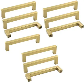 

TOP Gold Cabinet Pulls Square Kitchen Hardware Handles Brushed Brass Pulls for 6-1/4In(160mm) Hole Centers (10Pcs)