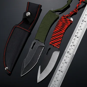 

Hysenss Stonewashed Straight Tactical Knife Serrated Outdoor Camping Hunting Survival EDC Tools with Nylon Sleeve Rope Handle