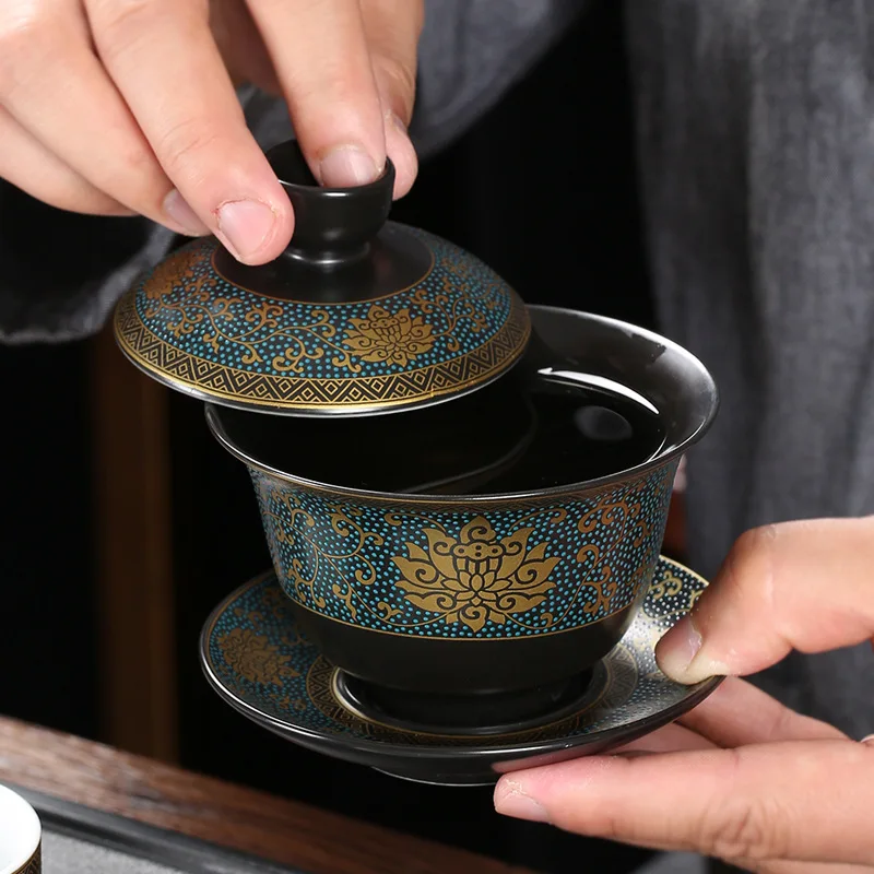 Chinese Teaset Classical Gaiwan Tea Cups Black Clay Tureen 180ml Lid Bowl Saucer Traditional Handmade Tea Brew Cup
