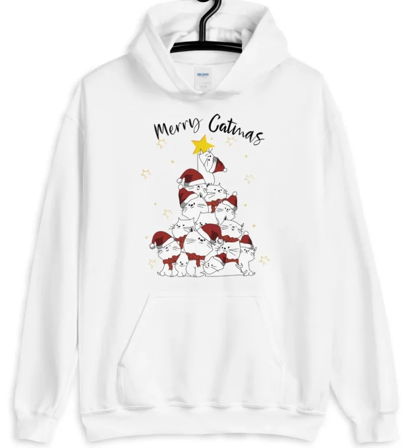 White MERRY CATMAS, Женская толстовка с капюшоном, Рождественский Кот, графический цветной принт, толстовки, рождественские топы, harajuku, Повседневный пуловер - Цвет: White