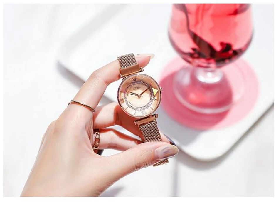 Luxury Ladies Watch Magnet Stainless Steel Mesh Marble Dial Fashion Diamond Female Luminous Shining Quartz Watch Relogio