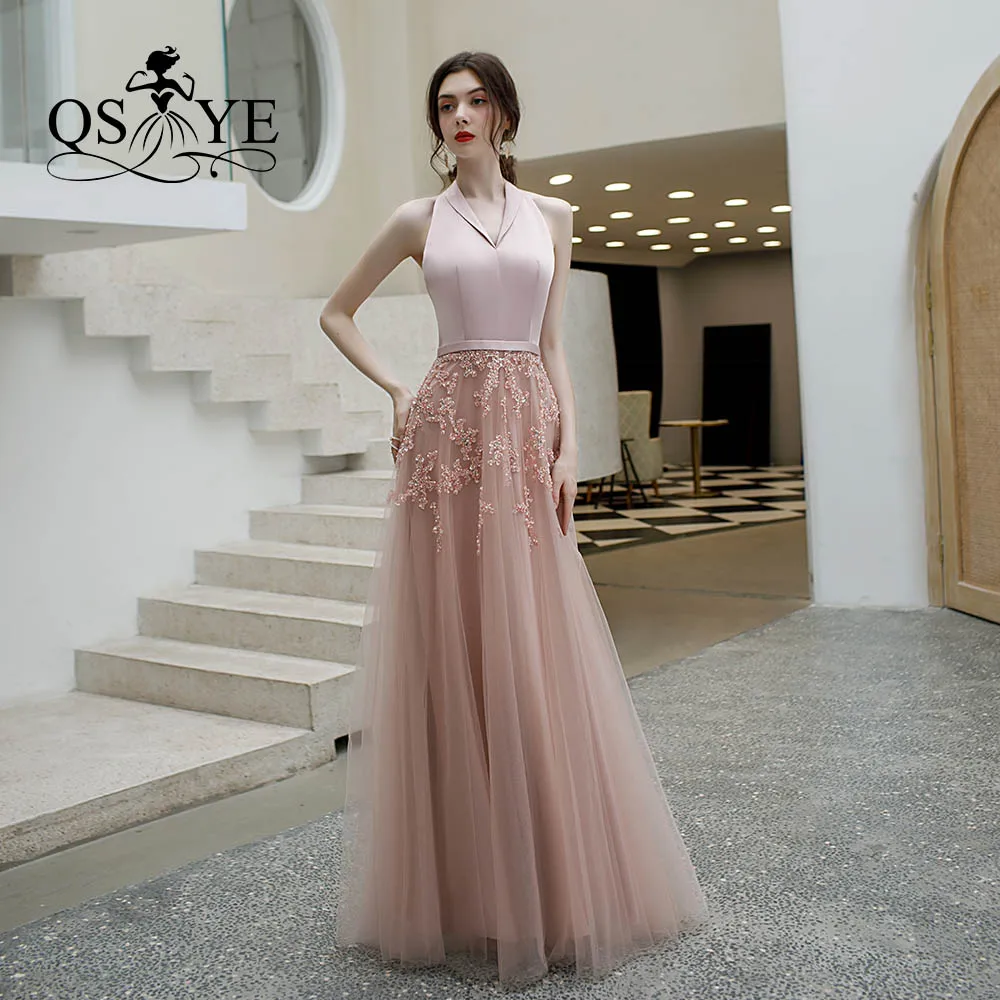 same as pictures QSYYE ever pretty Длинные Выпускные платья тюль Холтер vestidos largos украшенное бисером с длиной до пола вечернее платье вечерние платья - Цвет: same as pictures