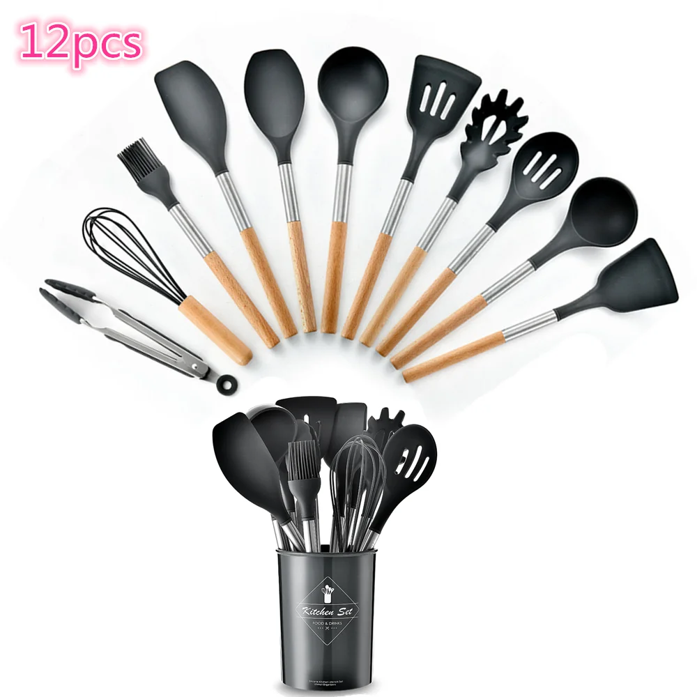 

New Kitchen Utensils Set-12pcs of Cooking Utensils Silicone Kitchen Tools Wood Spatula Set Cookware Tongs Spoo with Holder Black