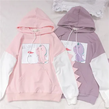 

Autumn Japanese Preppy Style Hoodie Dinosaur Print Cute Leisure Cartoon Loose Pullovers Hooded sweatershirt Soft Sister 3 Colors
