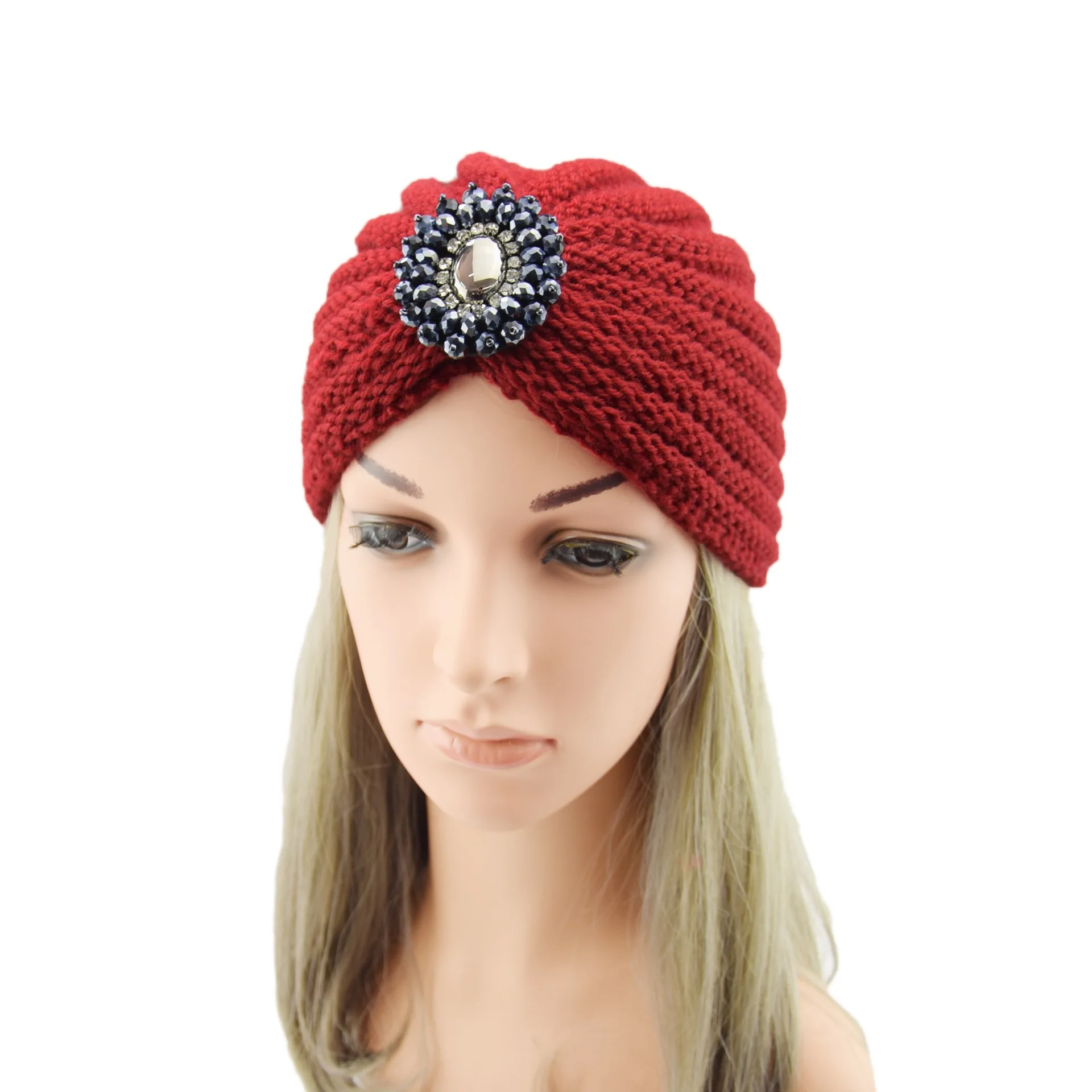 Dame Vintermote Luer Boho Gem Tilbehør Ull Varm Strikket Lue Hodelue Krystallkule Smykker Hette Muslimske Luer_voghion.com