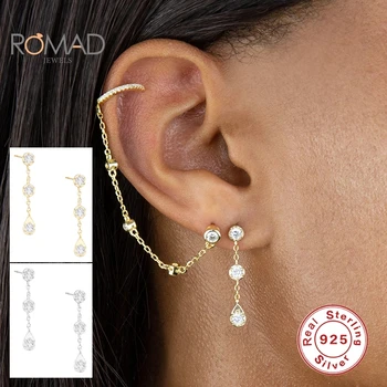 

ROMAD Silver 925 Original Dangle Drop Earrings Luxury Korean Women Simple Three Diamond Chain Tassel Earrings Pendientes Mujer