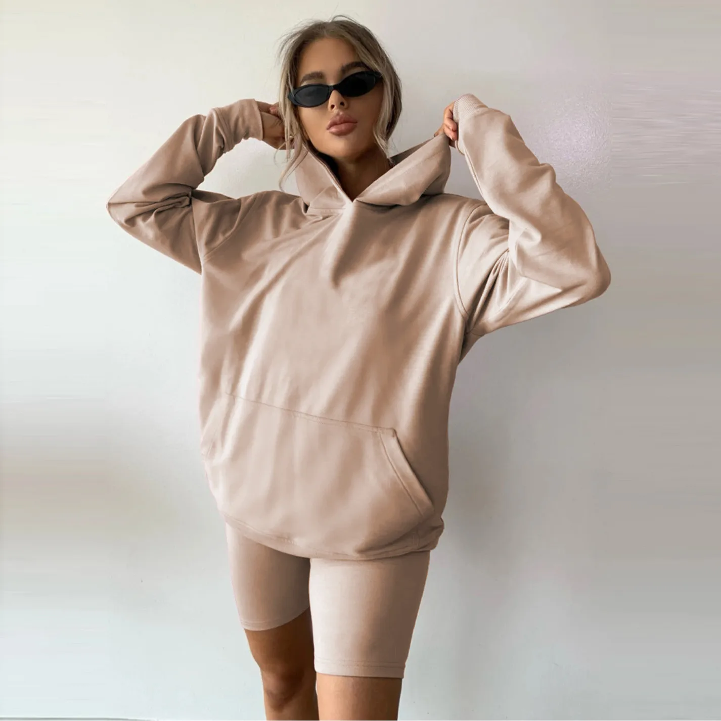 Women Fashion 2 Piece Set Tracksuit Streetwear Long Sleeve Sport Casual Hoodie Sweatshirt Tops+High Waist Cycling Shorts american eagle shorts