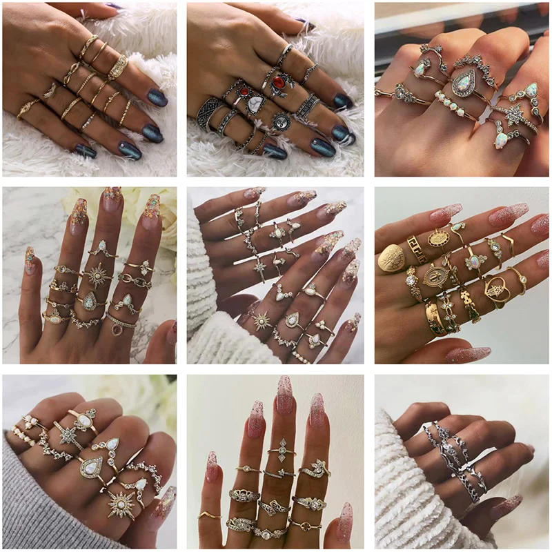 

Bohemian 7Pcs/Sets Silver Crystal Geometric Crown Leaf Ring Set Vintage Women Charm Joint Ring Sets Party Wedding Jewelry
