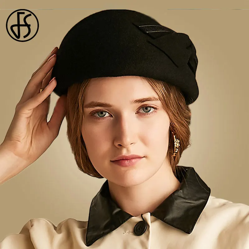 Black Wool Fedora FS черные красные французские шерстяные береты женские фетровые шляпы для церкви винтажная фетровая шляпа осень зима Клош лук Trilby Chapeau Femme шапки - Цвет: Black Wool Fedora