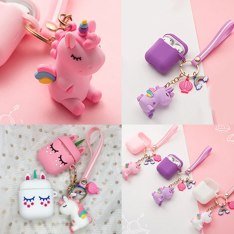 

For AirPods Case cartoon unicorn with keychain cute Accessories keyring Silicone Cases For Airpods 2 case Wireless Earphone Case