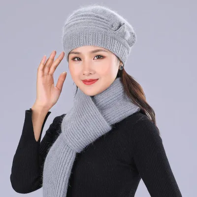 Mother's Nnew Year Gift Rabbit Knit Cap Scarf The Elderly Women's Autumn And Winter Warm Hat Scarf Female Winter Hat Twinset - Цвет: gray Hat scarf