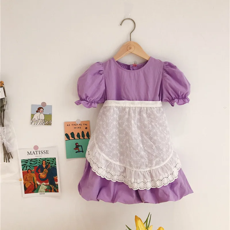 Korean Style New 2020 Summer Baby Girls Violet Princess Dresses Puff Sleeve Retro Lace Apron Maid Costumes Toddlers Kids Dress | Детская