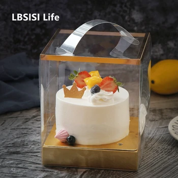 

LBSISI Life 10pcs 4/6 inch Handle Transparent Box With Gold Bottom Cake Decoration Supply Birthday Gift Favor Baby Show Package