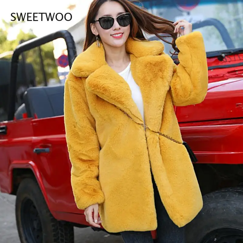 Winter Women High Quality Faux Rabbit Fur Coat Luxury Fur Coat Loose Lapel Overcoat Thick Warm  Female Plush Coats 2022