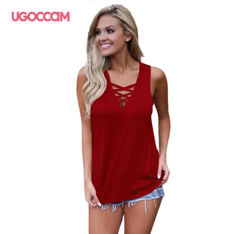Wine red UGOCCAM, майка, сексуальная, v-образный вырез, футболка, крест-накрест, на бретелях, без рукавов, свободная, сплошная, открытая, повседневная, на шнуровке, женские летние топы - Цвет: Wine red