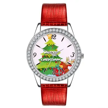 

K122-X Kawaii Christmas Tree Pattern Quartz Watch Fashion Round Dial PU Leather Strap Rhinestone Decor Casual Women Watch