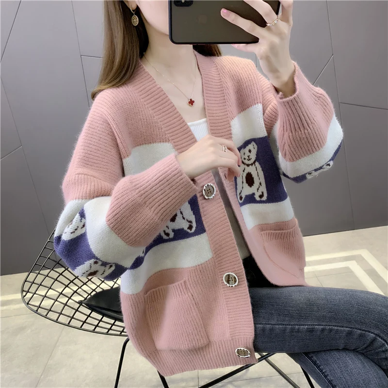 

Room 210462, 7 in row 3 】 collaosed v-neck bear color matching knitting cardigan pocket [1081] 58