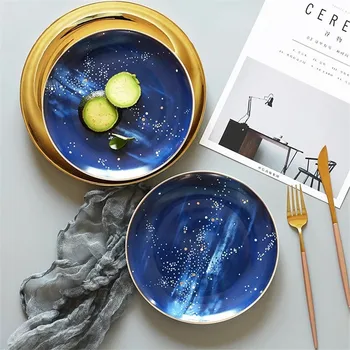 

8 Inches Round Nordic Blue Starry Dinner Plate Handpainting Gold Edge Porcelain Steak Dessert Tray Decorative Snack Dishes Plate