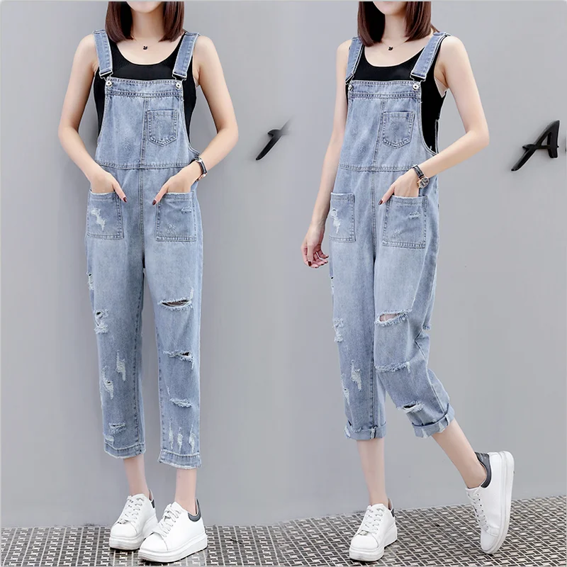 2021 Summer New Ripped Denim Overalls Women's Nine-point Pants Loose Age-reducing Jeans Baggy Pants Mother Jeans