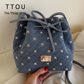 

TTOU Elegant Faux Suede Drawstring Bucket Bag For Women Vintage Handbag Embroidery Messenger High Quality Shoulder Bags 2019
