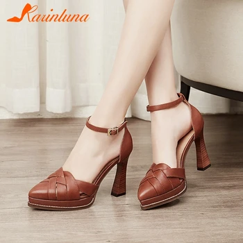 

Karinluna New Design 2020 Sheep Leather Strange Style Summer Sandals Woman Shoes Pointed Toe Buckle Strap Shoes Lady Pumps