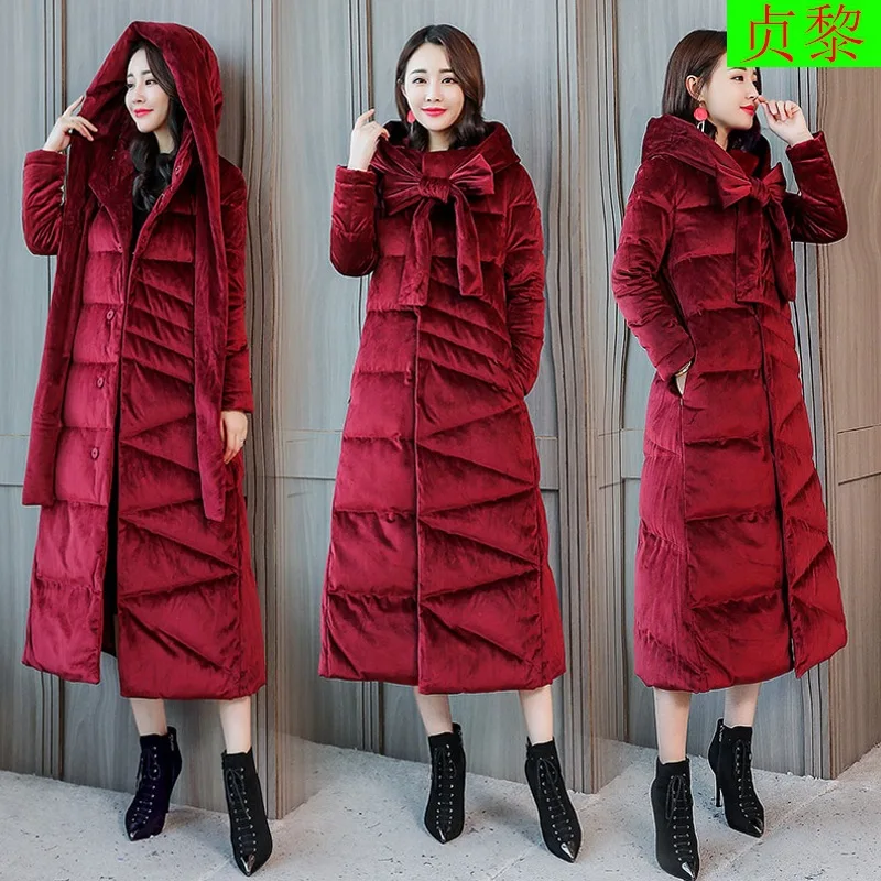 

2018 Winter New Style WOMEN'S Dress Korean-style Fashion Gold Velvet to Ankle Cotton-padded Jacket Exta-long down Cotton Clothes