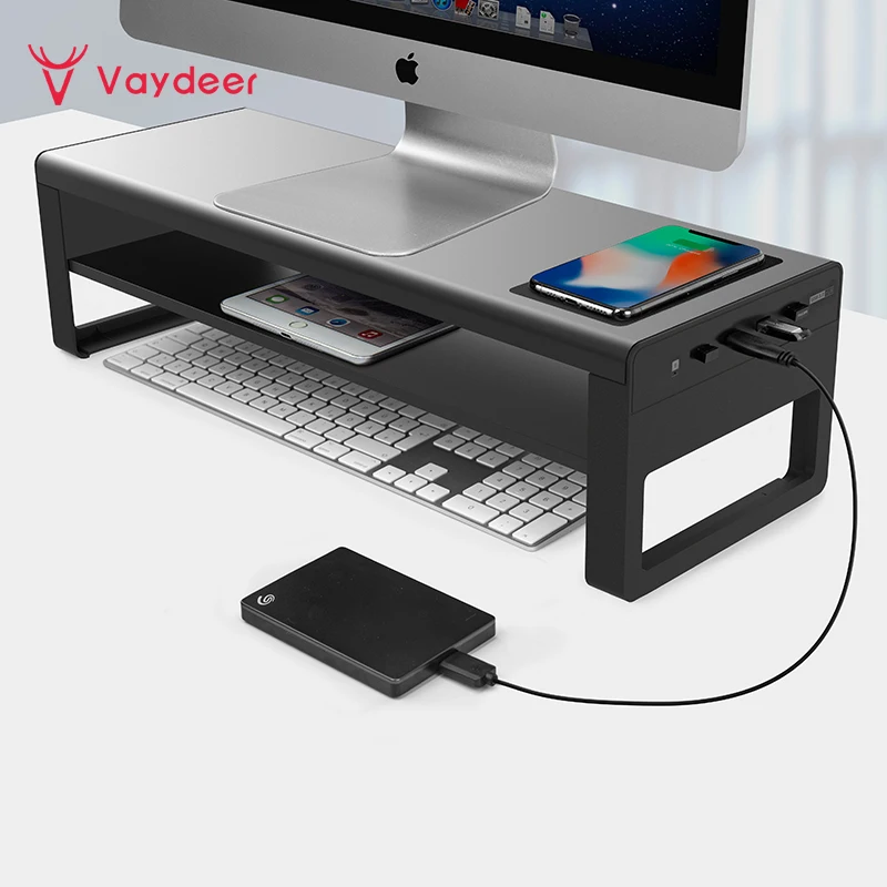 VAYDEER USB 3.0 Supporto Monitor di Ricarica Wireless Supporto Monitor  scrivania in Alluminio Supporto Il trasferimento Dati e la Ricarica,  Supporto per Monitor Fino a 32 Pollici per PC, Laptop-Nero : 